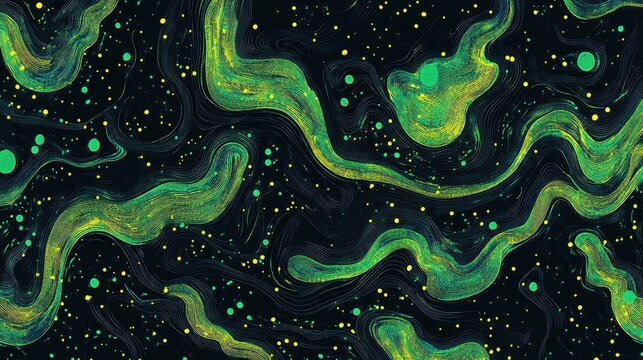 An abstract design of neon green and blue glowing waves set against a black background, blending subtle yellow accents