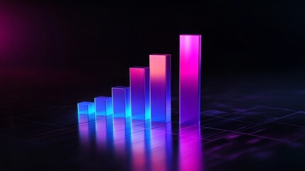 Poster - A futuristic D bar graph with glowing neon bars in purple and blue tones, positioned on a reflective dark background with subtle light reflections