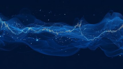 Poster - A financial stock market graph with fluctuating lines and bar indicators, set against a deep blue background with glowing data points and gridlines