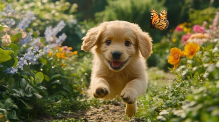 Aufkleber - A fluffy puppy chasing a butterfly in a sunlit garden, with its eyes wide open in excitement, surrounded by vibrant flowers and greenery