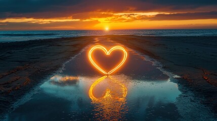 Poster - a glowing neon heart reflecting in a glossy puddle on a quiet road near the edge of the ocean under a golden sunset