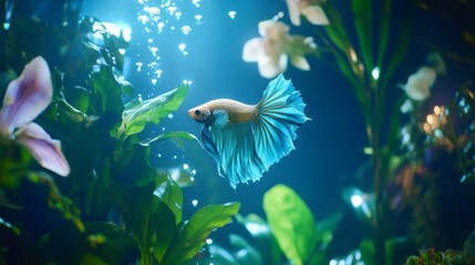 Aufkleber - A gold and blue Siamese fighting fish swimming in a well-lit aquarium with bubbles rising, capturing the movement and elegance of the species