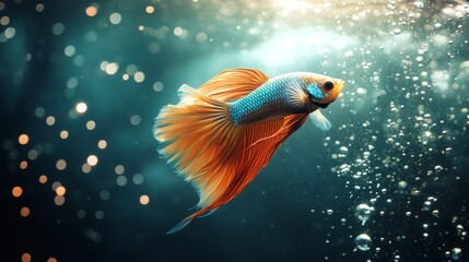 Aufkleber - A gold and blue Siamese fighting fish swimming in a well-lit aquarium with bubbles rising, capturing the movement and elegance of the species