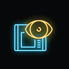 Poster - Glowing neon icon representing data analysis with an eye examining a tablet screen