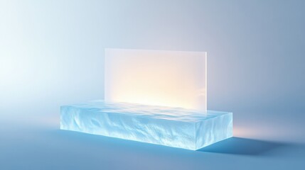 Poster - Minimalistic ice block with translucent panel on light blue background concept