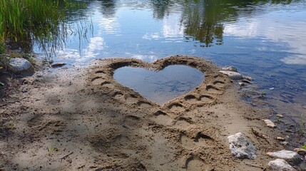 Poster - a heart symbol formed by overlapping footprints at the end of a sandy trail leading to the water's edge