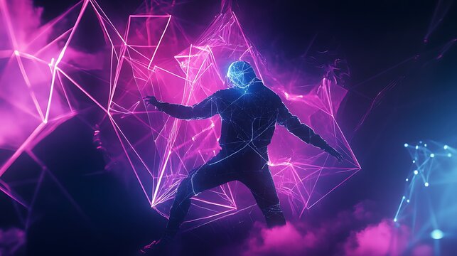 Dynamic Human Silhouette in Glowing Pink and Blue Neon Abstract Network