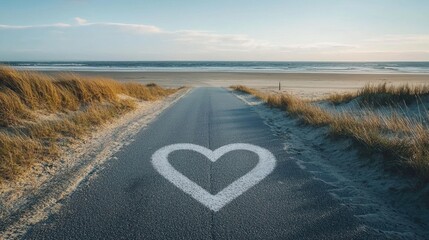 Poster - a minimal heart motif painted subtly along the edges of a straight road leading to a calm beach