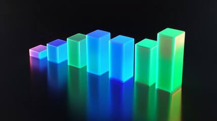 Aufkleber - A high-tech D bar graph with glowing neon bars in shades of blue and green, on a reflective surface, creating a modern, futuristic data look