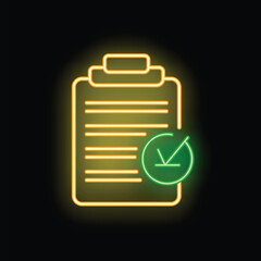 Poster - glowing neon icon of a clipboard with a checklist and a green check mark, representing a completed t