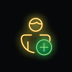 Poster - Glowing neon outline of a person with a plus sign representing adding a new contact