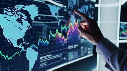 Aufkleber - Data analysis in modern financial control room with global market trends displayed on screens. HUD, VFX, FUI