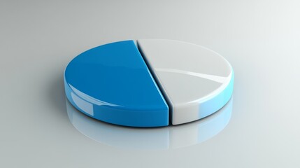Poster - a minimalist pie chart with white and blue sections, slightly separated on a reflective gray backgro