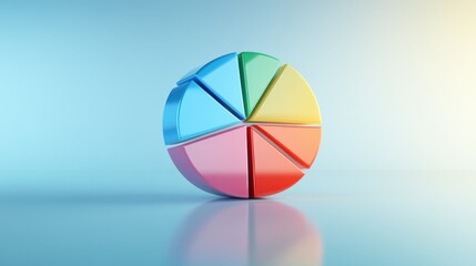 Fototapete - A modern pie chart with colorful slices set on a light gradient background, with slight D effects and reflections for a polished financial aesthetic