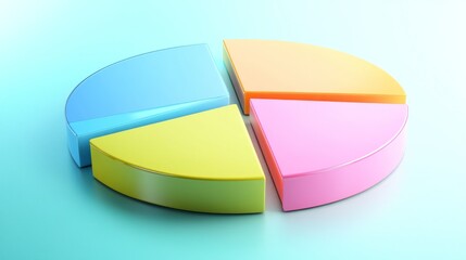 Fototapete - A modern pie chart with colorful slices set on a light gradient background, with slight D effects and reflections for a polished financial aesthetic