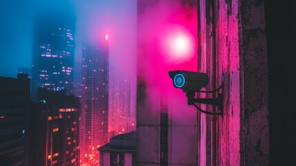 Poster - A powerful image of a CCTV camera installed on a city building, with night lights illuminating the surroundings, showcasing urban surveillance after dark