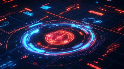 Aufkleber - A radar chart in neon colors on a dark grid background, with lines and points showing data intersections, creating a modern tech feel