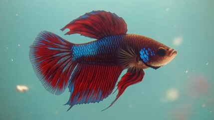 Poster - A red and blue Siamese fighting fish with its fins extended, moving elegantly through clear water, emphasizing the vivid contrast of its colors