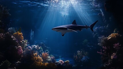 Poster - A reef shark with visible shark lice near its dorsal fin, swimming through coral reefs, with sunlight illuminating the natural underwater landscape