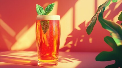 Poster - A refreshing beer in a tall glass, garnished with a sprig of mint, placed on a bright summer table, evoking a sense of relaxation and enjoyment