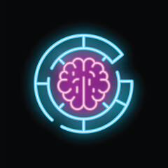 Poster - Vibrant neon icon depicting a brain at the center of a circular maze, symbolizing the intricate workings of artificial intelligence