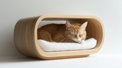 Poster - A Scandinavian-style cat house with light wood and white accents, featuring a comfortable bed inside, blending with minimalist decor