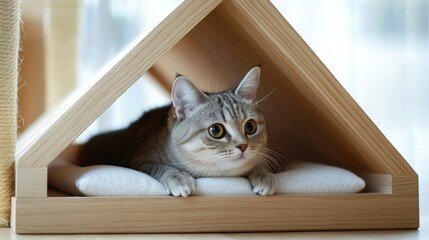 Poster - A Scandinavian-style cat house with light wood and white accents, featuring a comfortable bed inside, blending with minimalist decor