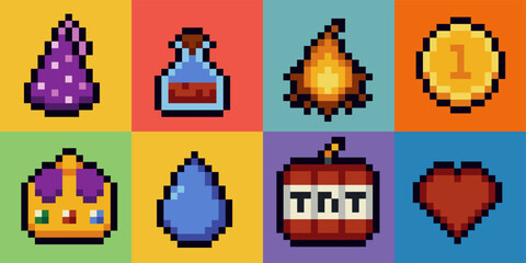 Aufkleber - Pixel art icons set, flat, mobile apps icons. Office stationery, Internet technology. Design applications. 8-bit. Game assets. Isolated retro pixel art vector illustrations set.