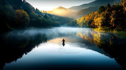 Poster - Fisherman at sunrise, misty mountain lake, autumn foliage