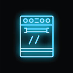 Poster - Bright blue neon icon of an oven is glowing on a black background