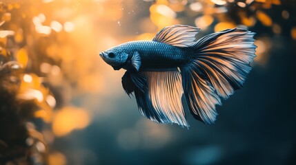 Poster - A serene shot of a betta fish swimming near a glass wall of its aquarium, with reflections and light creating a beautiful interplay of colors