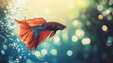 Poster - A serene underwater scene featuring a betta fish exploring its habitat, with bubbles rising and colorful decorations enhancing the visual appeal of the tank