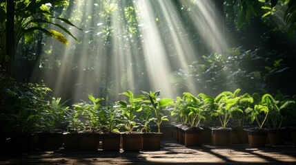 Poster - A serene view of a nursery filled with various tree saplings, ready for planting, with sunlight streaming through the leaves, creating a nurturing environment
