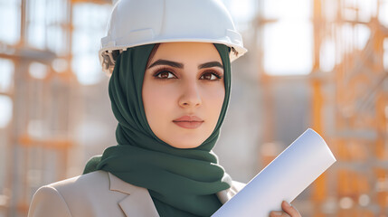 Wall Mural - portrait of a Muslim girl architect on the background