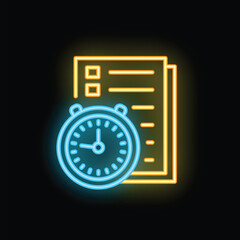 Poster - Neon blue stopwatch partially obscuring neon yellow documents represents the concept of time management