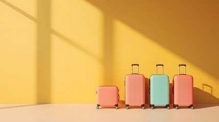 Minimalist luggage scene featuring vibrant pastel colored suitcases and a warm golden sky visible through glass  The simple clean composition creates a contemporary aesthetic atmosphere