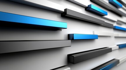 Fototapete - A sleek, minimal D bar graph with gray and blue bars, set against a clean white background with reflective surfaces and soft depth