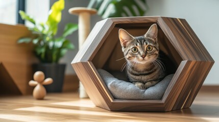 Poster - A sleek, minimalist wooden cat house with geometric cutouts and a soft, plush bed inside, blending seamlessly with modern home decor