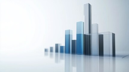 Fototapete - A sleek, minimal D bar graph with gray and blue bars, set against a clean white background with reflective surfaces and soft depth