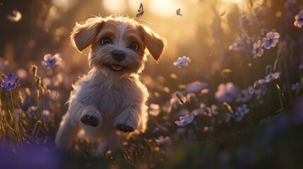 Poster - A small dog prancing through a meadow, with flowers and tall grass around it, creating a whimsical and charming outdoor scene full of life