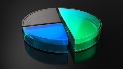 Poster - A transparent pie chart with vibrant blue and green segments, arranged in a circular layout on a dark reflective background, showcasing depth and clarity