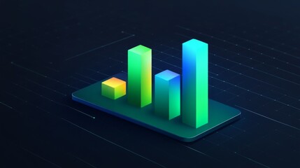 Aufkleber - A vibrant D bar graph with gradient bars in shades of blue and green, positioned on a dark grid background with soft lighting adding depth and dimension