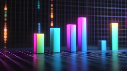 Aufkleber - A vibrant D bar graph with gradient bars in shades of blue and green, positioned on a dark grid background with soft lighting adding depth and dimension