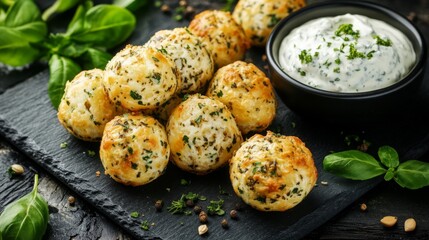 Poster - A vibrant arrangement of crispy cheese balls on a slate board, dusted with herbs and spices, alongside a small bowl of creamy dip, showcasing a delicious appetizer