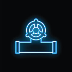 Poster - Neon blue glowing symbol of a valve regulating pressure in a pipeline on a black background