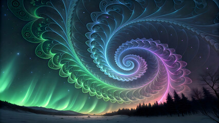 Poster - A vibrant fractal design resembling the northern lights, with flowing patterns of green, blue, and purple. The design features intricate curves and spirals, creating a glowing, ethereal effect.