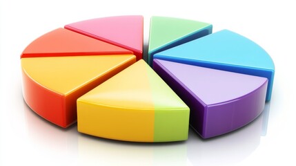 Fototapete - A vibrant pie chart with segments in various colors, each part slightly separated, set on a reflective white surface for a dynamic financial look