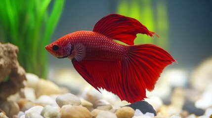 Poster - A vibrant red Siamese fighting fish captured mid-swim, with its fins flowing dynamically in the water, creating a sense of motion and energy