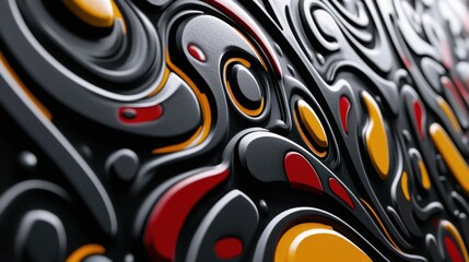 Poster - A close-up shot of a textured surface with swirling organic patterns, featuring a monochromatic palette accented by vibrant red and yellow details, creating a visually engaging abstract composition