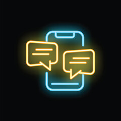 Poster - Neon sign representing a smartphone with two instant messages displayed on a black background